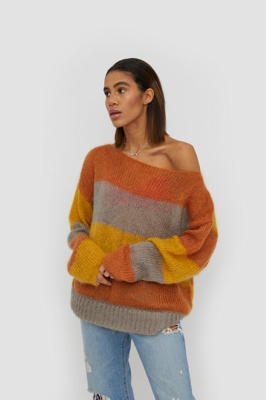 Multicolor high quality Luxe Mohair Jumper executed with different coloured stripes.