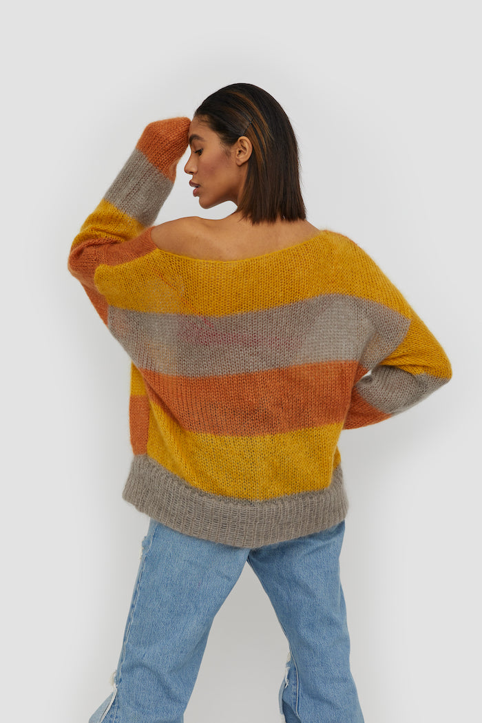 Multicolor high quality Luxe Mohair Jumper executed with different coloured stripes.